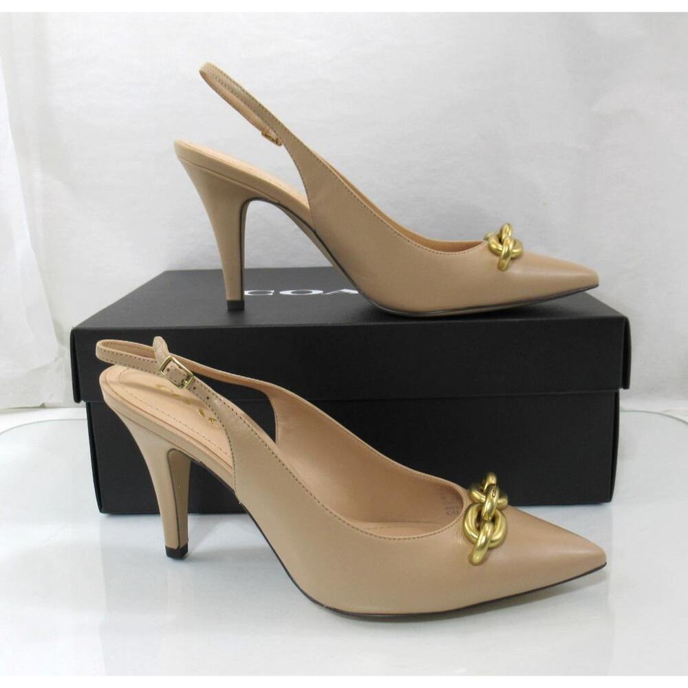 Coach Sadie Leather Slingback Chain Trimmed Sandals Pumps Beechwood Nude Size 9 - Picture 3 of 7